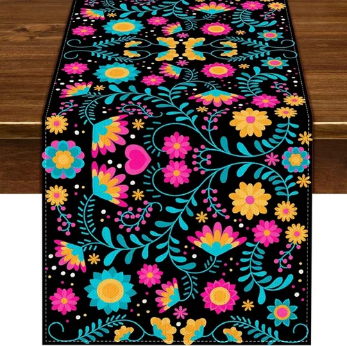 Miniatura 9 de Caminos de mesa mexicanos para fiesta, altar del día de los muertos, decoraciones del día de los muertos, fiesta de flores 70.9 x 13 pulgadas