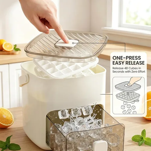 Miniatura 3 de Bandeja de cubitos de hielo con tapa y contenedor: bandeja de hielo portátil para congelador - Molde de hielo de fácil liberación - Sistema de Blanco