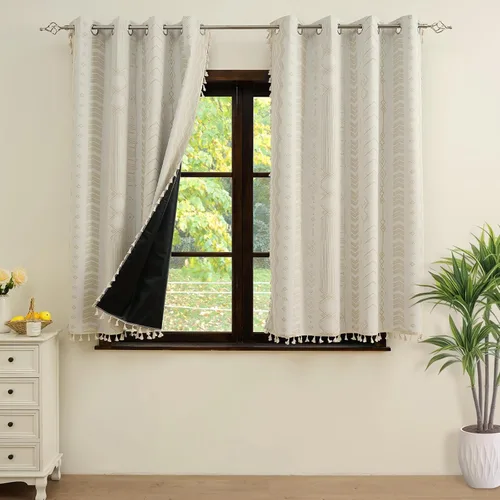 Miniatura 2 de Cortinas Boho ColorBird Beige Crema opacas, 2 paneles de 63 pulgadas de largo, tratamiento para ventanas con aislamiento térmico, estampado