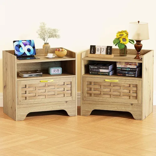 Miniatura 15 de Mesita de noche con 2 cajones de almacenamiento, mesa auxiliar moderna para dormitorio con asa recortada, mesitas de noche grandes para dormitorio