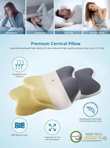 Miniatura 7 de Almohada Ergo para aliviar la apnea del sueño, el dolor de cuello y los ronquidos Almohada cervical para aliviar el dolor de cuello Espuma Gris