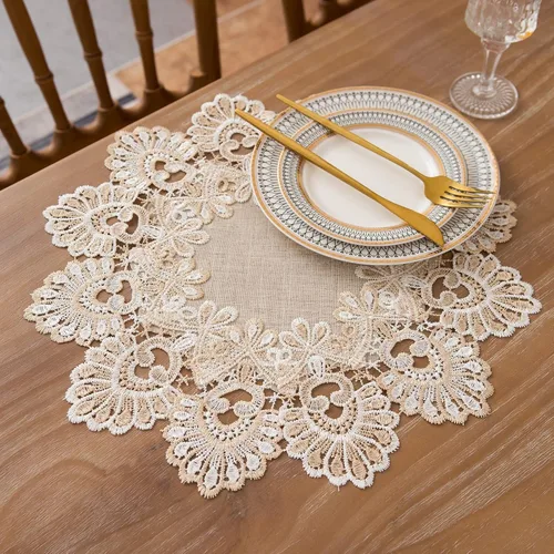 Miniatura 4 de Manteles europeos de encaje jacquard antiguo, pequeño, de lino bordado de granja, bufanda, mantel rústico (forma de flor, diámetro de 15.7 pulgadas)