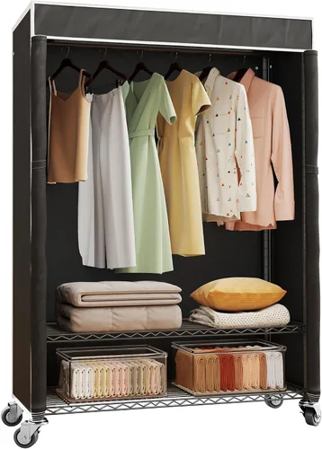 Miniatura 9 de Higeego H4 Plus Perchero Enrollable con Cubierta, Perchero de Ropa Resistente con Ruedas, Closet Portátil para Colgar Ropa, Organizador