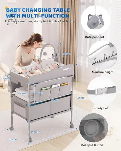 Miniatura 4 de Cambiador de bebé plegable versátil, estación de cambio de pañales impermeable, altura ajustable con 2 cajones, estación de cambio de bebé