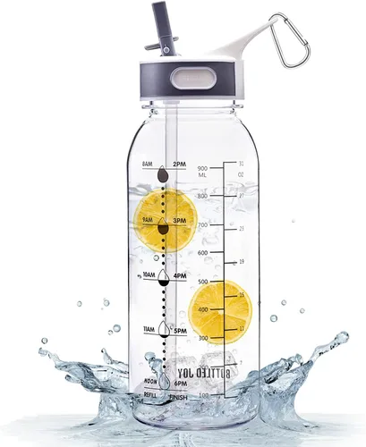Botella de agua transparente de 1 litro, botella de agua motivacional de 32 onzas con popote, botella de agua deportiva Joy con tiempo, marcadores