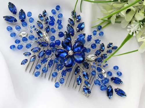 Miniatura 2 de Peine de pelo de ópalo zafiro real para mujer, accesorio de boda con flores de cristal azul, regalo para ella, tocado de fiesta para novia, dama