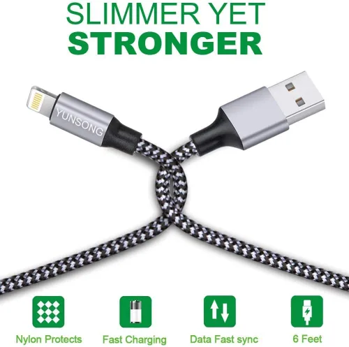 YUNSONG Cargador para iPhone [certificado MFi], paquete de 3 cables Lightning trenzados de nailon de 6 pies, carga rápida, sincronización de datos