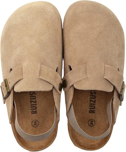 Miniatura 4 de Zuecos de gamuza para niños pequeños, zapatos de cuero para niños y niñas, sandalias lindas clásicas de corcho con hebilla ajustable