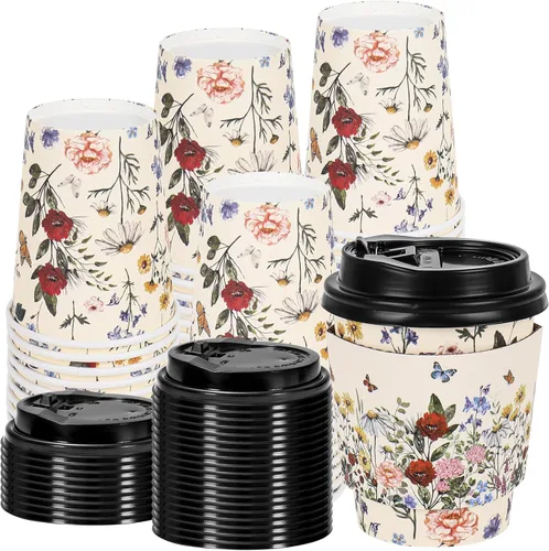 JarThenaAMCS 50 juegos de tazas de café florales vintage con tapas y fundas de 8 onzas, tazas de papel de flores silvestres, desechables para