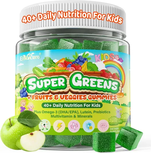 Multivitaminas para niños + gomitas Super Greens para mayores de 4 años, con espirulina, clorella, espinacas, brócoli, calcio, omega-3 (DHA/EPA),