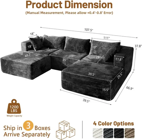 Miniatura 2 de 110" Sofá seccional modular con 2 otomanos móviles, sofás nube para sala de estar, sofá de forma U con asiento profundo sin huesos, lujosa tela