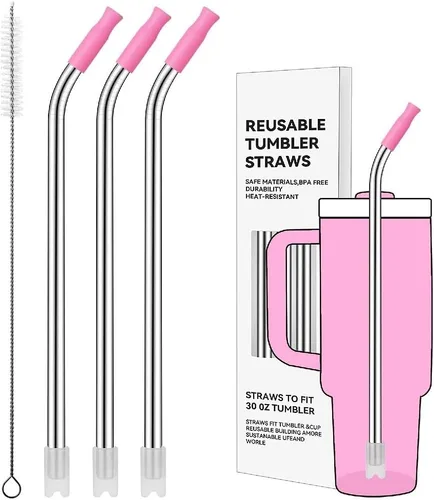 Miniatura 40 de Pajitas de metal rectas para vaso Stanley de 40 onzas, paquete de 3 popotes reutilizables de acero inoxidable con puntas de silicona y cepillo Gris