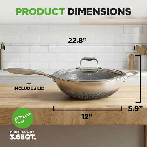 Miniatura 2 de NutriChef Wok de acero inoxidable de 12" - Listo para inducción, tecnología antiadherente de triple capa, patrón texturizado de panal de fuego