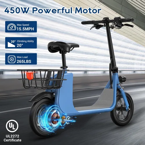 Miniatura 2 de RIDWIND Electric Scooter with Seat for Adults, 450W Motor Foldable E Scooter for Adults with LCD Display,15.5MPH, 20 Miles Range, Max Load 265LB