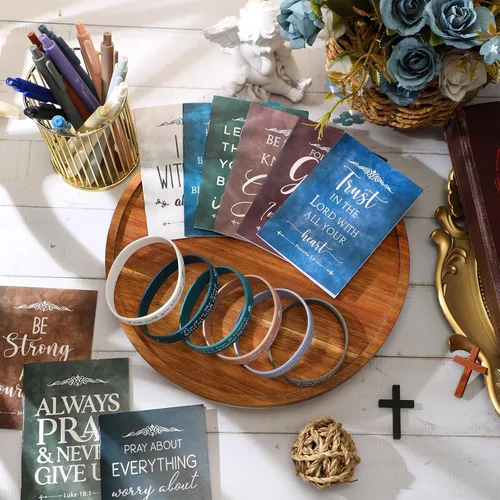 Miniatura 5 de Gueevin Juego de regalo cristiano a granel, bloc de notas con versículos bíblicos, mini pulsera de silicona inspiradora para hombre de Dios