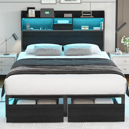 Marco de Cama Tamaño Completo con Cabecero Alto y Luces LED, Librero de 51.2" Marco de Cama Negro Tamaño Completo con Cajones de Almacenamiento y
