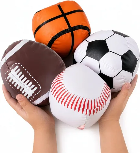 Liberty Imports Paquete de 4 pelotas deportivas de peluche suave de 5 pulgadas para niños, niños pequeños, fútbol, béisbol, baloncesto, fútbol