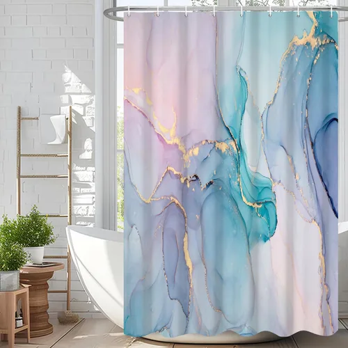 Miniatura 73 de Cortina de ducha abstracta de mármol negro gris y dorado con grietas, cortina de baño moderna ombre impresa, cortina impermeable y lavable de tela