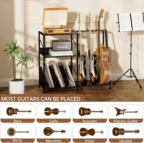 Miniatura 5 de Hosfais Soporte para tocadiscos, soporte de guitarra de 3 niveles para acústico, guitarra eléctrica, soporte para bajo, almacenamiento de discos