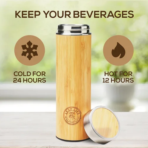 Miniatura 3 de LeafLife Botella de Té de Bambú Premium para Té Suelto - Botella Infusora de Té - Regalos de Té - Botella de Agua Aislada/Vaso de Café/Té - Set