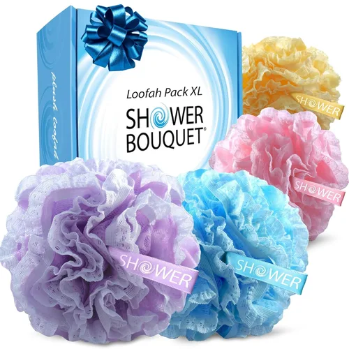 Miniatura 8 de SHOWER BOUQUET Juego de esponja de baño de esponja de baño azul+rosa/ 2 pliegues en 1/ Puf grande de 2.12 oz paquete de 4 unidades Body Luffa