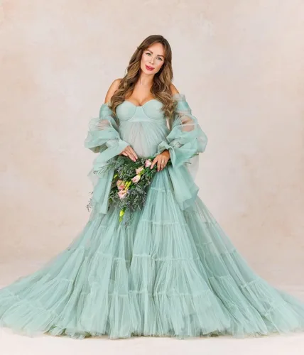 Miniatura 2 de Vestidos de maternidad de tul para sesión de fotos, batas de hombro descubierto, manga larga, lencería nupcial, vestido de baby shower, vestidos