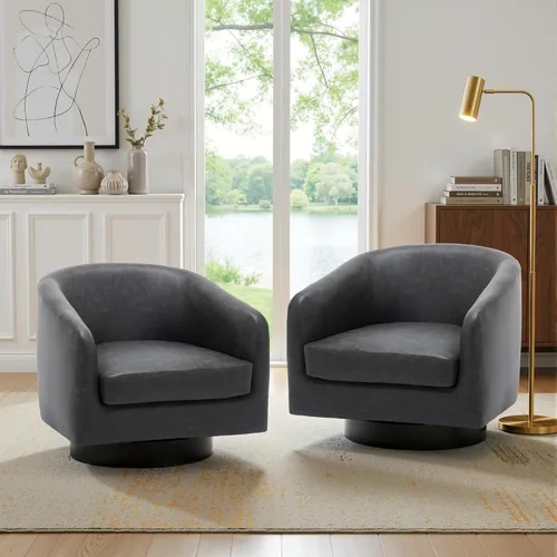 Miniatura 30 de Juego de 2 Sillas Giratorias de Acento, Silla Barril Tapizada en Tela para Sala de Estar, Cómodo Sillón Redondo Sofá Individual Asiento de Lino Beige