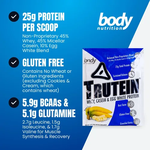 Miniatura 3 de Body Nutrition Trutein Polvo de Proteína Alto: 45% Suero, 45% Caseína, 10% Clara de Huevo, Sin Gluten, Bajo en Sodio, Polvo de Proteína de Suero