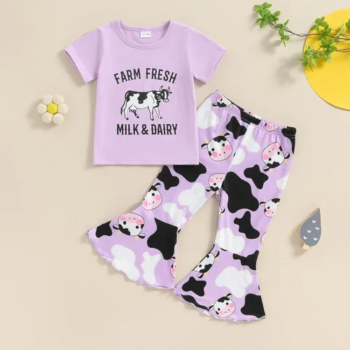 Miniatura 72 de fhutpw Conjunto de camiseta de manga corta con estampado de vaca y pantalones acampanados de dibujos animados para niñas