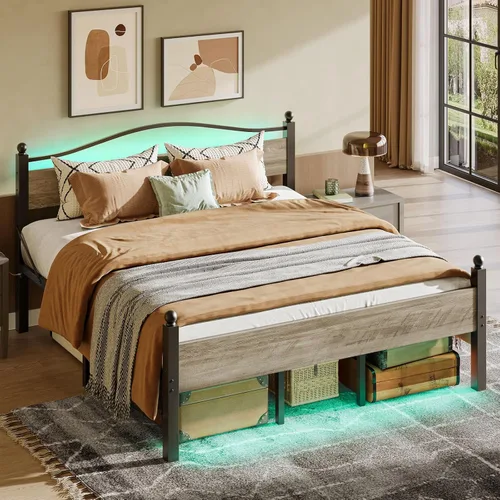 Miniatura 6 de Pinmoco Base de cama tamaño King con cabecero y estribo, cama de plataforma de metal resistente con espacio de almacenamiento debajo de la cama