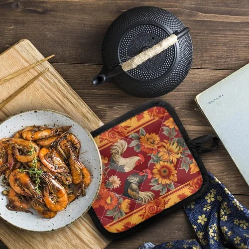 Miniatura 3 de Juego de soportes para macetas de flores rojas de pollo blanco y negro, resistentes al calor, almohadillas calientes para horno, antideslizantes