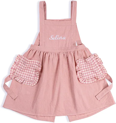 Miniatura 11 de MT WORLD Girls Apron Personalized Linen Kids Aprons for Cooking Toddler Girls Cross Back Apron Pinafore for Baking Crafting