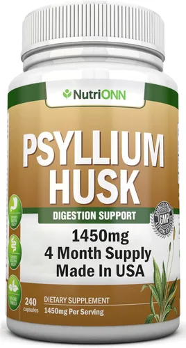 NutriONN Cápsulas de cáscara de PSYLLIUM - 1450 mg por porción - 240 cápsulas - Doble resistencia - Suplemento de fibra de psyllium premium - Ideal
