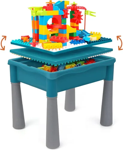 BEAURE Mesa de juego 5 en 1 con agua y arena multiactividad, mesa de actividades para niños de doble cara con almacenamiento, 105 piezas de bloques