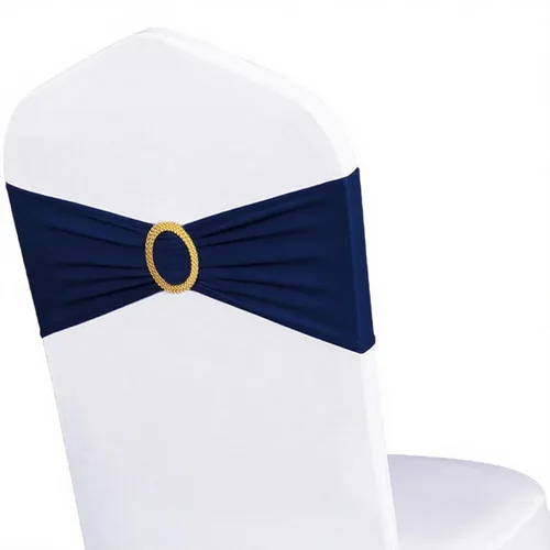 Miniatura 21 de Paquete de 50 bandas elásticas para sillas de bebé azul para boda, bandas elásticas de licra con hebilla deslizante, arcos de sillas de spandex