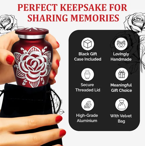 Miniatura 5 de Urna de Cremación de Rosa para Cenizas para Mujeres y Hombres - Urnas de Rosa Artesanales para Cenizas Humanas Adultas Femeninas y Masculinas - Rojo