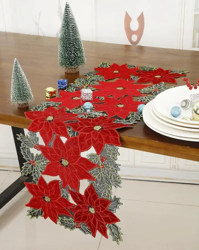 Miniatura 7 de GRANDDECO Camino de Mesa Navideño para Fiestas Campestres Bufandas de Tocador Bordadas con Flores de Nochebuena Navideñas Xmas para Casa Cocina Mesa
