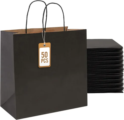 PAICUIKE 50 bolsas de papel kraft negras con asas, bolsas de regalo cuadradas de 11 x 6 x 11 pulgadas para venta al por menor, compras, recuerdos de