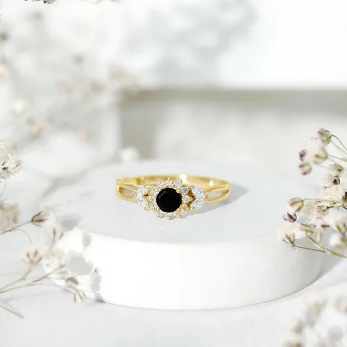 Miniatura 4 de Anillo de compromiso con halo de flor de diamante y ónix negro certificado para mujer Calidad AAA