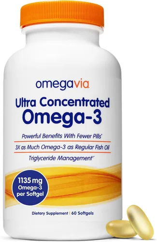 Aceite de Pescado Omegavia pharma-grade, inodoro/sin eructos. 0.03 onzas Omega-3, Alta Omega-3 por píldora., 60