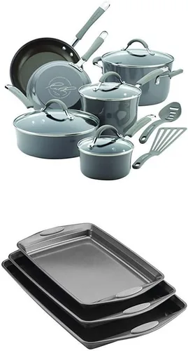 Rachael Ray Cucina - Juego de utensilios de cocina antiadherentes esmaltados de porcelana dura, 12 piezas, gris sal marina con Rachael Ray