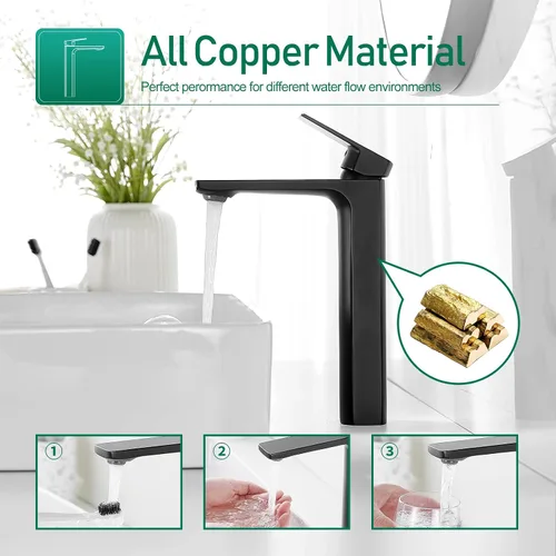 Miniatura 3 de VOTON Grifo de lavabo de recipiente, grifo de baño alto negro mate, grifo de lavabo de una sola manija, grifo mezclador de lavabo de 1 orificio