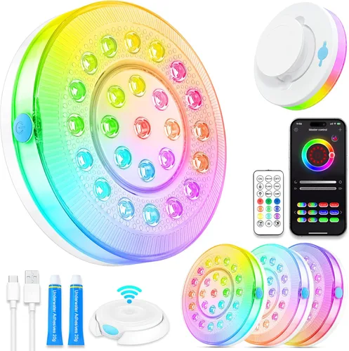 Miniatura 10 de Luz de piscina, 6 pulgadas, 25 LED RGB sumergible luz flotante Bluetooth APP Control, 4000mAh Rechargeable, IP68 Waterproof, Magnetic Mount, Above