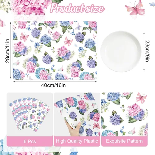 Miniatura 2 de Tarklanda 6 manteles individuales florales de plástico, 11 x 15.7 pulgadas, manteles de vinilo lavables para primavera y verano con hortensias
