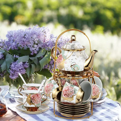 Miniatura 4 de Zhehao Juego de té de porcelana de 20 piezas con soporte de metal y cuchara para adultos, juego de té de cerámica para adultos, pintura de flores