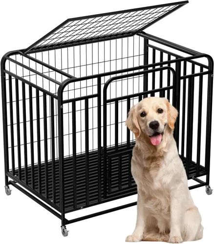 38'' Easy Clean Extra Large Dog Crate with Lockable Wheels for Anxiety Dogs, Indestructible Dog Kennel, Escape-Proof Heavy Duty Dog Crate for Large