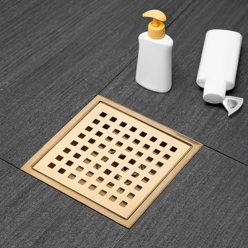 Miniatura 2 de Desagüe de ducha cuadrado, drenaje de ducha dorado de 6 pulgadas con brida y cubierta de rejilla extraíble, drenaje de piso de ducha dorado AISI 304