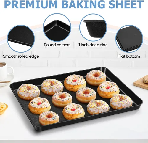 Miniatura 3 de TeamFar Juego de 4 bandejas para hornear con estante, 16 x 12 x 1 pulgadas, bandeja antiadherente para hornear galletas con estante de enfriamiento