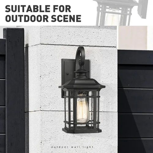 Miniatura 6 de Emliviar Luces de Farol de Pared para Exteriores, Lámpara de Aplique de Pared Exterior de 1 Luz, Acabado Negro con Vidrio Granulado Transparente
