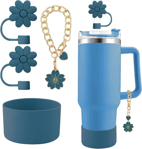 Miniatura 19 de Accesorios para juego de tazas Stanley, 2 tapas de paja de flores reutilizables de 0.394 pulgadas (0.394 in), 1 dije de mango lindo y 1 funda